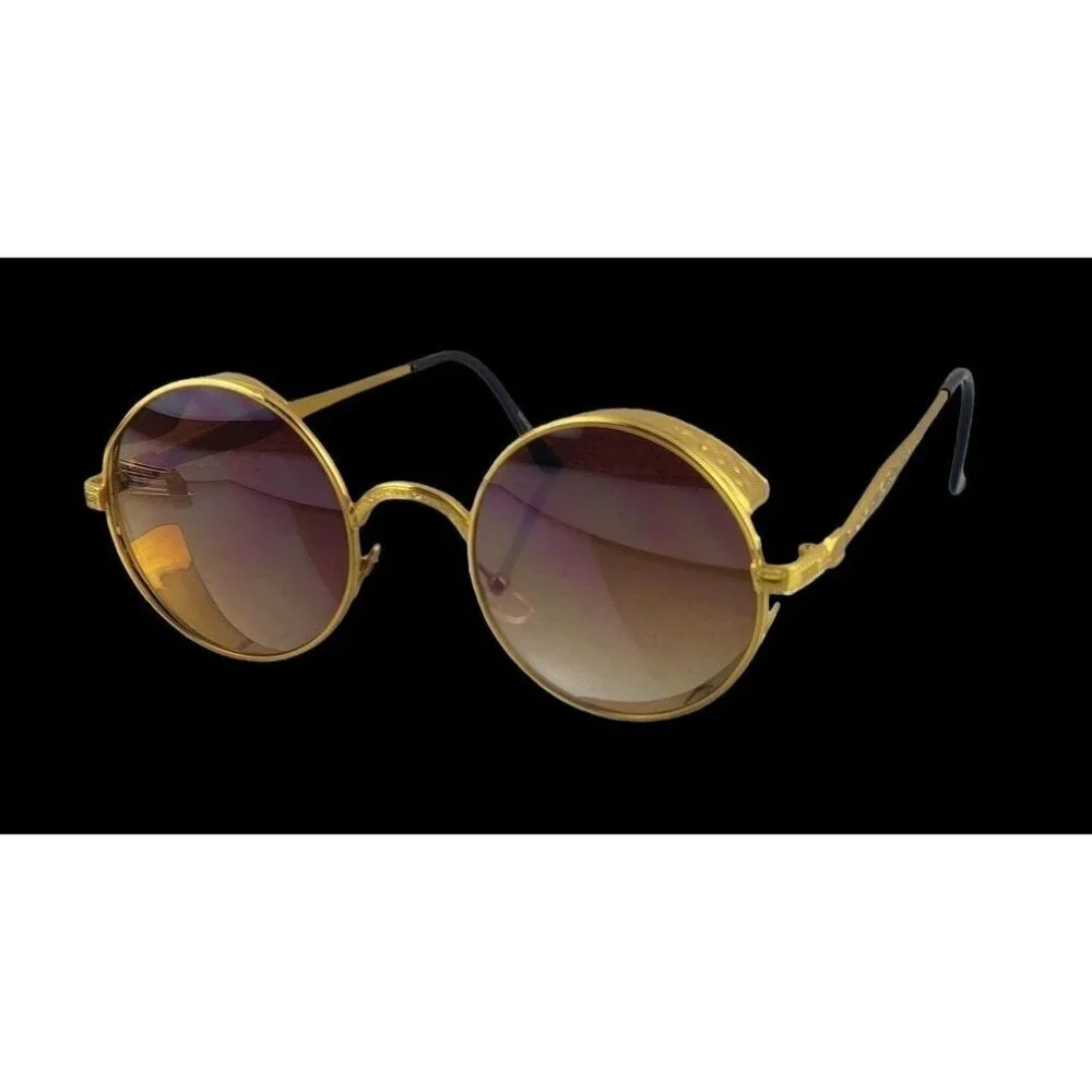 Sunglasses Round Metal Steampunk Gold Frame Brown Lens Diesel Punk Cosplay - Picture 2 of 11